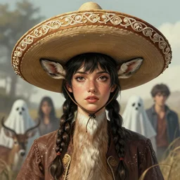 portrait of a wild female deer wearing mexican sombrero | | fine detail!! anime!! realistic shaded lighting!! poster by ilya kuvshinov katsuhiro otomo ghost - in - the - shell, magali villeneuve, artgerm, jeremy lipkin and michael garmash and rob re
