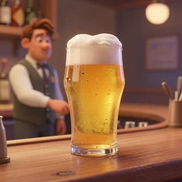 a anthropomorphic pint of beer, pixar, who is a customer, waits to be served by a bartender,