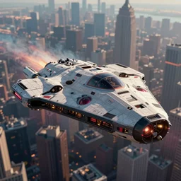 a closeup of a spaceship designed by peter schreyer flying over NYC in style of blade runner 2049