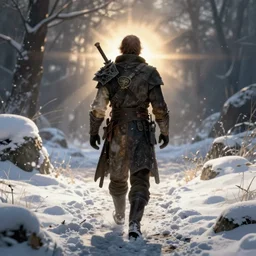 a man walking on the snow field, baldur's gate, game screenshot