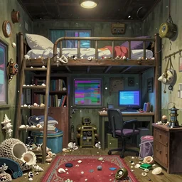 anime background of the interior of a bedroom in the slums with a loft bed, book case, computer desk, blowling alley carpet, and built from various coral seashells and being reclaimed by nature, nostalgia, vaporwave, litter, steampunk, cyberpunk, caustics, anime, vhs distortion, dynamic shot, cinematic letterbox, art created by miyazaki