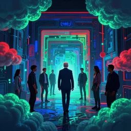 state of emergency Joe Biden doesn’t know where he is , pastiche by Raqib Shaw and Daniel Merriam and Alejandro Burdisio and Alexander Jansson and Dan Mumford and Naoto Hattori and Nick Sullo and Xsullo, mysterious and lucid, glowing gamboge blue teal red green colors in the walls of portal, vibrant glowing gamboge blue teal red green colors neon clouds, insanely detailed and intricate, octane render, volumetric lighting, high contrast, ultraviolet and neon colors, trending on Artstation, 4K