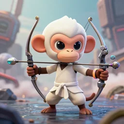 cute lonely martial arts monkey, splatoon 3, hold mechanical bow and arrow, wearing off - white style, with depth of field octane, neon hand sports bracelet, standing on the water ground, with mad max style, smoke war, comic paint, anorld render, unreal engine render, vfx, octane render, highly quality, artstation, 4 k,