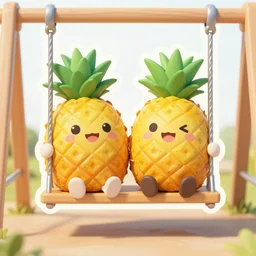 die cut sticker of anime chibi two smiling pineapples on a swing set