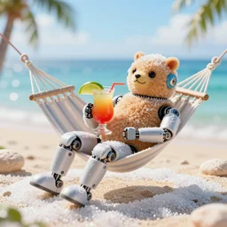 5 5 mm photo of an life sized hybrid ( robot ) ( gummi bear ), reclining on a hammock, drinking a mai tai, at the beach, a beach made from sugar instead of sand. dof. bokeh. by boris vallejo. sharp focus, highly detailed 8 k. superior quality. lifelike. magical lighting, digital art.
