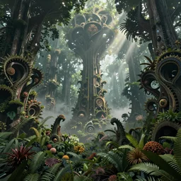 Highly detailed wide angle photo of a fractal forest with sacred geometry sculptures, dense vegetation realistic lighting volumetric lighting floating particle effects wonderland fantasy fog mist lightrays octane render by Zdzislaw Beksinski , hyper realistic, fantasy art