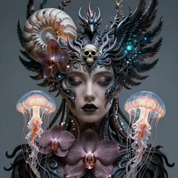 beautiful female fused with orchid jellyfish, close-up portrait, dark, phoenix head, nautilus, skull, bioluminiscent, intricate artwork by Tooth Wu and wlop and beeple. octane render, trending on artstation, greg rutkowski, xsullo, very coherent symmetrical artwork. cinematic, hyper realism, high detail, octane render, 8k