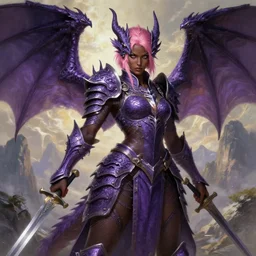 full portrait, solo character!, an alluring dragon hunter, female, intricate purple armor, dragon themed, ornamental, sprouting wings, dark brown skin, short pink hair, swords, battle pose, background filled with mountains, boudoir, epic, highly detailed, extremely detailed face, high fantasy, digital painting, by artgerm and greg rutkowski and alphonse mucha, artstation