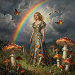 Inspired Tom Bagshaw, ultra realist soft paint of a field of mushrooms and butterflies, Mad Max world, long dress, focus, very intricate details, ominous sky, rainbow lighting, volumetric clouds, god rays