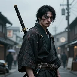 wide - shot yakuza abdefa in tokyo 1 7 th century portrait katana on his back ; mystery ; scary ; scarred | fantasy | highly detailed | trending on artstation | sharp focus : art by artgerm, greg rutkowsky, magali villeneuve'