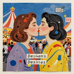 two women kissing at a carnival in tokyo, mixed media collage, retro, paper collage, magazine collage, acrylic paint splatters, bauhaus, abstract claymation, layered paper art, sapphic visual poetry expressing the utmost of desires by jackson pollock