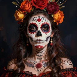 illustration of a sugar skull day of the dead girl, art by earl moran