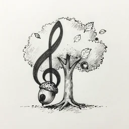 an ink pen drawing of an acorn that turns into a tree in the shape of a treble clef with a few scattered leaves, simple and messy