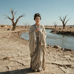 full shot of a crying ancient dried up Danu, peaceful, facing the camera and standing in front of a dried up river in a desolate land, dead trees, blue sky, hot and sunny, highly-detailed, elegant, dramatic lighting, artstation, 4k, cinematic landscape, photograph by Elisabeth Gadd