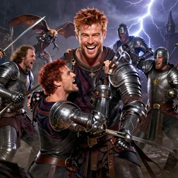 stunning portrait of ( ( ( laughing ) ) ) ( ( ( ( copper haired chris hemsworth ) ) ) ) as destruction from sandman looking like kristofer hivju!!, fighting a battle, medival armour!!, jeremy mann, frank moth, jeff easley, alphonse mucha, dave mckean, thunder & lightning, soft lightning, high detailed, 8 k