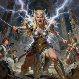A mixed media painting of the beautiful blonde viking goddess of war infused with lightning, very aesthetic, detailed face, by Frank Frazetta, Greg Rutkowski, Boris Vallejo, Beeple, Yoko Taro, Christian MacNevin, epic fantasy character art, goddess of anger, runes, high fantasy, CGsociety, full length, exquisite detail, post-processing, low angle, masterpiece, cinematic, odin's stone arena background