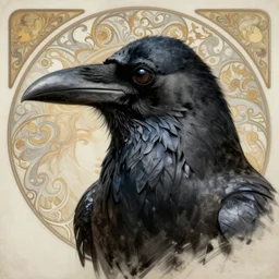 painted closeup portrait of wild crow man, masculine, young, charming, majestic, fantasy, intricate, elegant, digital painting, concept art, sharp focus illustration art by alphonse mucha, charcoal on canvas