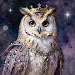 close-up portrait of anthropomorphic owl Prince, man with a head of barn owl, glowing eyes, in a crown, wearing long royal robe, lilac, silver, black, bokeh, blurred space, stars, dreamy, romantic, painting in the museum, highly detailed, sharp focus, watercolor, artwork, by John James Audubon by Victor Adame Minguez by Yuumei by Tom Lovell by Sandro Botticelli