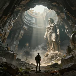 an explorer found large megastructure and statue in an underground cave, sci - fi art, environment design, cinematic lighting, artstation, art by tony sart,