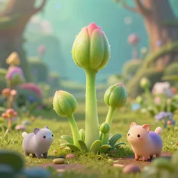 a beautiful picture of close up plant sprouts in a fantasy world full of interesting buds fictional and gorgeous, cute animals walking nearby, 8 k resolution, highly detailed, hdr, artwork