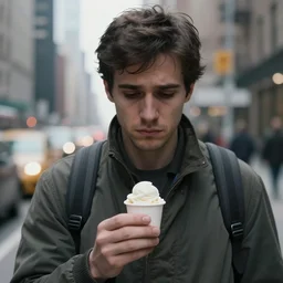 a very sad man holding a very tiny cup of ice cream in nyc. photograph.