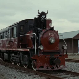 the disembodied spirit of a scary railroad devil, Boxcar on the railroad, Cinematic, 35mm, film still from a horror movie