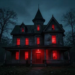 photograph of a haunted house by chris raimo art, scary, red lights, 1 9 1 6, atmospheric