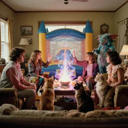 movie still by alejandro jodorowsky of a beautiful day in a family living room in a suburban neighborhood usa, visible magic energy, dream creature costumes, transcending cult members, talking animals, dreamy bounce house, cinestill 8 0 0 t eastmancolor technicolor, high quality, very detailed, heavy grain, fine facial features, 8 k, octane render