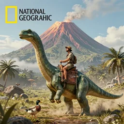 a man riding on a hybrid between a duck and a brachiosaurus in pre historic earth, volcano in the background, photography, award winning, national geographic