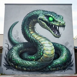 a beautiful street art of a large, looming creature with a long, snake - like body. the creature has many large, sharp teeth, and its eyes glow a eerie green. it is wrapped around a large tree, which is bent and broken under the creature's weight. there is a small figure in the foreground, clutching a sword, which is dwarfed by the size of the creature. by pawel kuczynski, by john anster fitzgerald kaleidoscopic