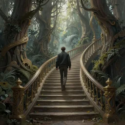 a man walking up a steep and winding staircase, in magical woods, intricate, elegant, highly detailed, digital painting, fantasy, artstation, concept art, sharp focus, beautiful illustration, by justin gerard and artgerm, 8 k