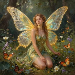Captivating winged Fairy portrait, flower field, butterfly, forest, atmospheric lighting, painted, intricate, golden hour, ultra detailed by Leesha Hannigan, Ross Tran, Thierry Doizon, Kai Carpenter, Ignacio Fernández Ríos