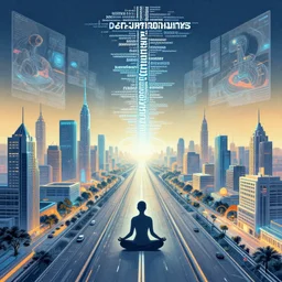 neural information superhighway, symbolic highway future city metaphor, word clouds and projected images, projections, futuristic neural interface vibes, illustration by moebius, meditation zen, retro futurism