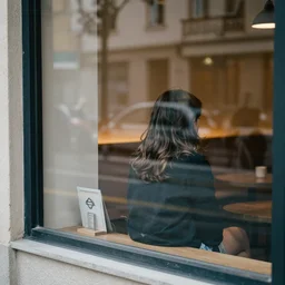looking through the window of a cafe from the outside, girl sitting at a table inside, street reflections on the window
