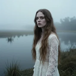 cinestill 5 0 d wide portrait of a dreamy dystopian beautiful woman britt marling 3 / 4 style by liebovitz stand in highlands, foggy flooded swamp riverbank shore land, long hair, wearing long lace, elegant, highly detailed, pale scary matt, soft blur, artstation, sharp focus, head in focus