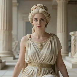 cinestill 5 0 d portrait of a beautiful woman by annie liebovitz, sitting in a hyper detailed ancient greek temple, pale natural tonal matt, hair intricate style, wearing are intricate ancient greek dress, elegant, highly detailed, soft foggy blur, artstation, sharp focus, head in focus,