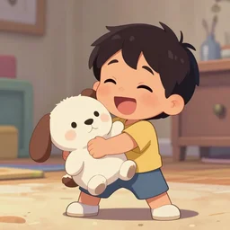 a kid squeezing a plushy happily, digital art, pixar style, disney style, animation