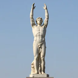 A photograph of a large statue of a male athlete holding his head high and his hands wide, symbolizing humanity, ambition and determination, photo taken from a distance so that the full statue is visible, high resolution image taken with a DSLR camera