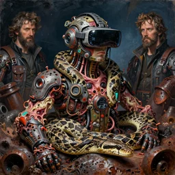 junky boa - constrictor, cybertronic gadgets and vr helmet, flesh + technology, durty colours, night, rotten textures, rusty shapes, biotechnology, norman rockwell, tim hildebrandt, wayne barlow, bruce pennington, larry elmore, oil on canvas, deep depth field, masterpiece, cinematic composition, hyper - detailed, hd, hdr
