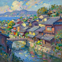a beautiful japanese city near the sea, amazing ryokans and gorgeous edo era houses, epic cyberpunk, lofi vibe, colorful, vivide colors, amazing light, really beautiful nature, oil painting in impressionist style, by jeremy lipkin, by claude monet, by makoto shinkai, multiple brush strokes, inspired by ghibli, masterpiece, beautiful