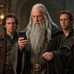 Movie still of Saul Goodman as Gandalf holding a phone, fantasy, highly detailed, digital painting, artstation, concept art, sharp focus, illustration, art by Tony Sart and artgerm and randy vargas