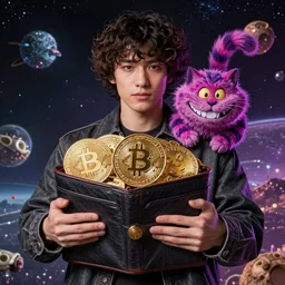 satoshi nakamoto traveling through space and time, wallet full of bitcoin, fantasy, futuristic, Cheshire cat smile, highly detailed, 4k