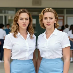 portrait of denise richards and scarlet johansson wearing white shirt and light blue skirt standing in front of a school, by charlotte grimm, natural light, detailed face, beautiful features, symmetrical, canon eos c 3 0 0, ƒ 1. 8, 3 5 mm, 8 k, medium - format print, half body shot