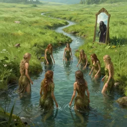 beautiful digital fantasy illustration of A woody green field with a stream running through it, with a group of dryad women standing in the water. They seem to be preparing to submerge themselves in the cool, clear waters of the stream. a creepy creature standing in front of a mirror!, concept art by Alex Horley-Orlandelli!!, cgsociety contest winner!!!, cgsociety, fantasy art, highly detailed, soft lighting, rendered in octane, masterpiece, very very very aesthetic