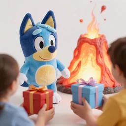 blue'snappy gifts'plush doll, near glowing lava, giving gifts to people, happy atmosphere, high detail, soft lighting, 8 k