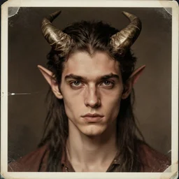 portrait of young demon with horns, old vintage photography, damaged photo, film artifacts, scratches, tears, hyperrealistic, ultra detailed, 4 k