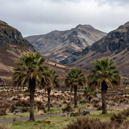 Scottish mountains with palm trees, photograph, 8k