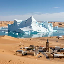 giant iceberg floating on top of a desert town, panoramic view, daytime, hyper detailed, 4 k