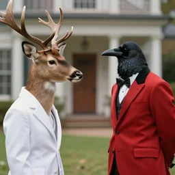 a deer wearing a white formal coat conversing with a crow wearing a red formal coat, hyperrealistic, concept art, octane render, unreal engine 5, trending on DeviantArt, highly detailed, high quality, 8K, soft lighting, cute, natural lighting, realistic face, trending on Artstation, elegant clothes, profile picture, path traced, house background