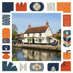 a british pub by the canal in the sunshine in the countryside of england, rule of thirds, clever design, decorative modern graphic design collage border, by hannah hoch and jesse treece and christian jackson and josh brill